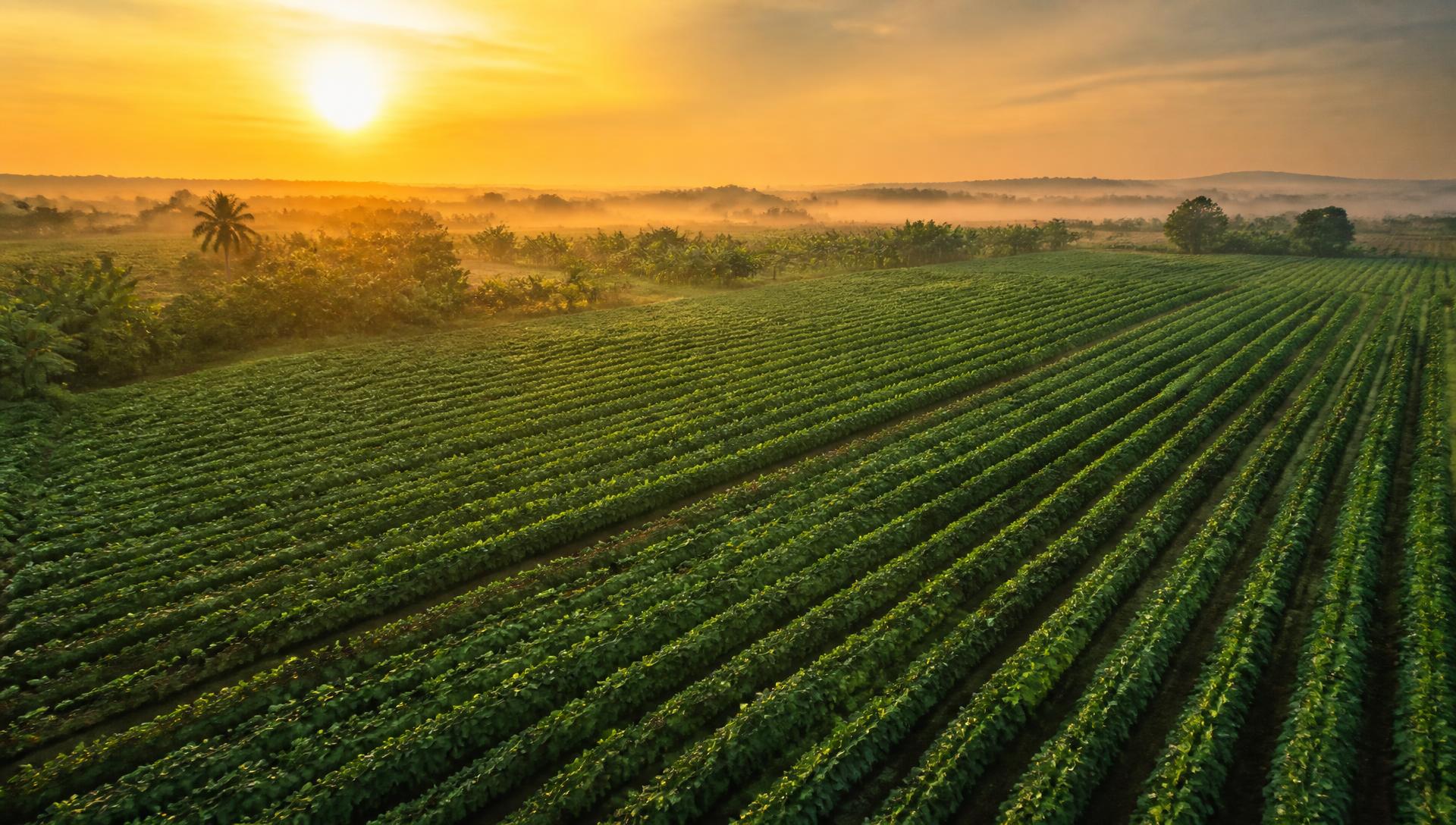 Sunrise over cultivated farmland in Ghana