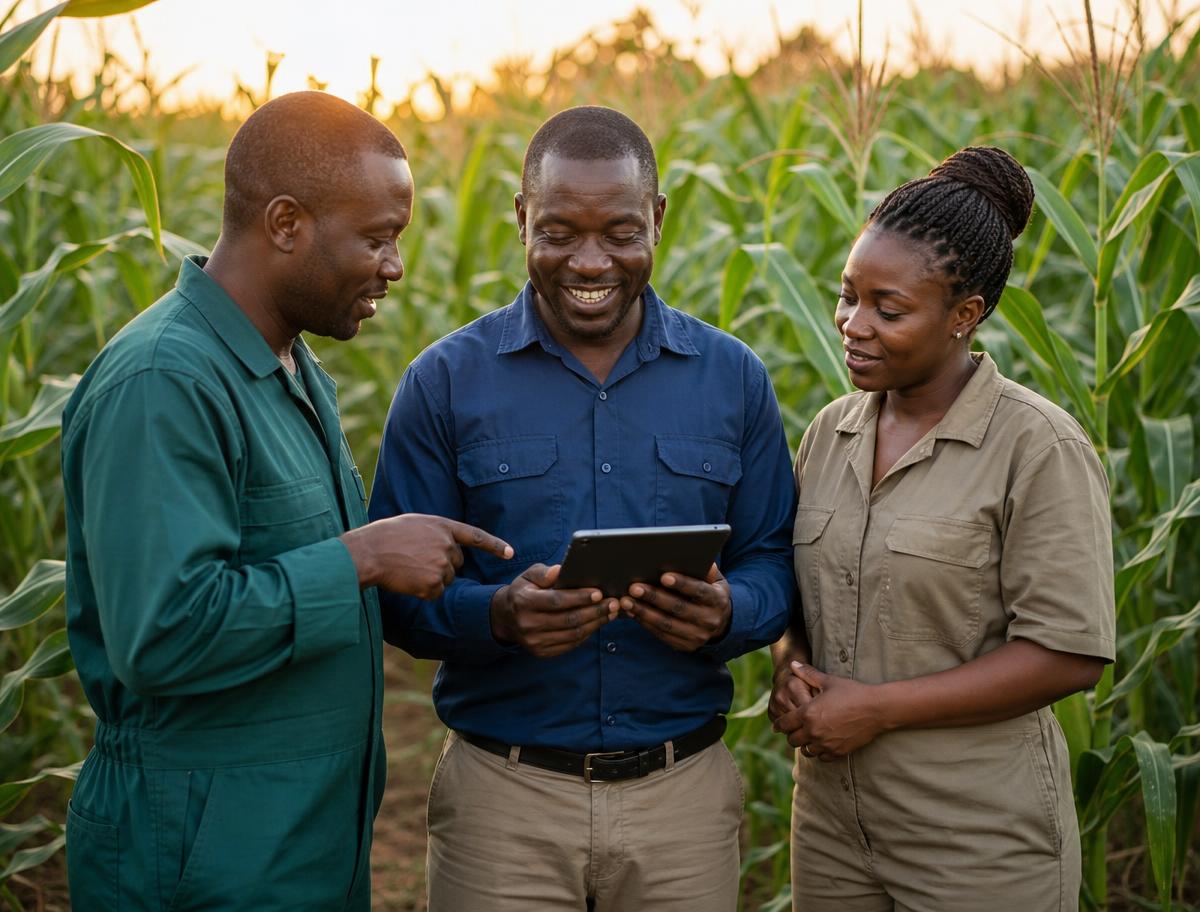 Agronomist and farm team reviewing field data together